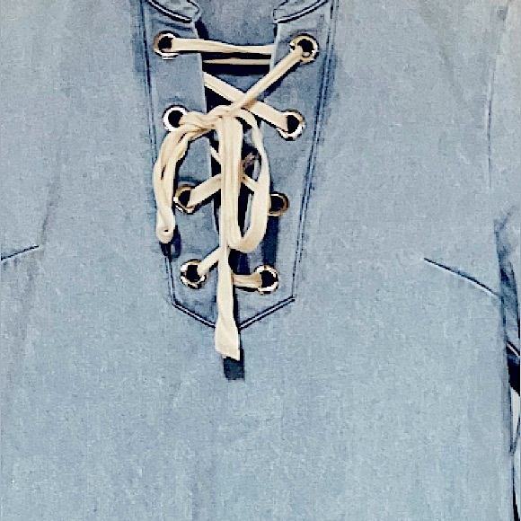 Sugar Lips Light Blue Denim Long Sleeve Mini Dress/Unfinished Hem/Tie Top/Size M - Picture 5 of 5